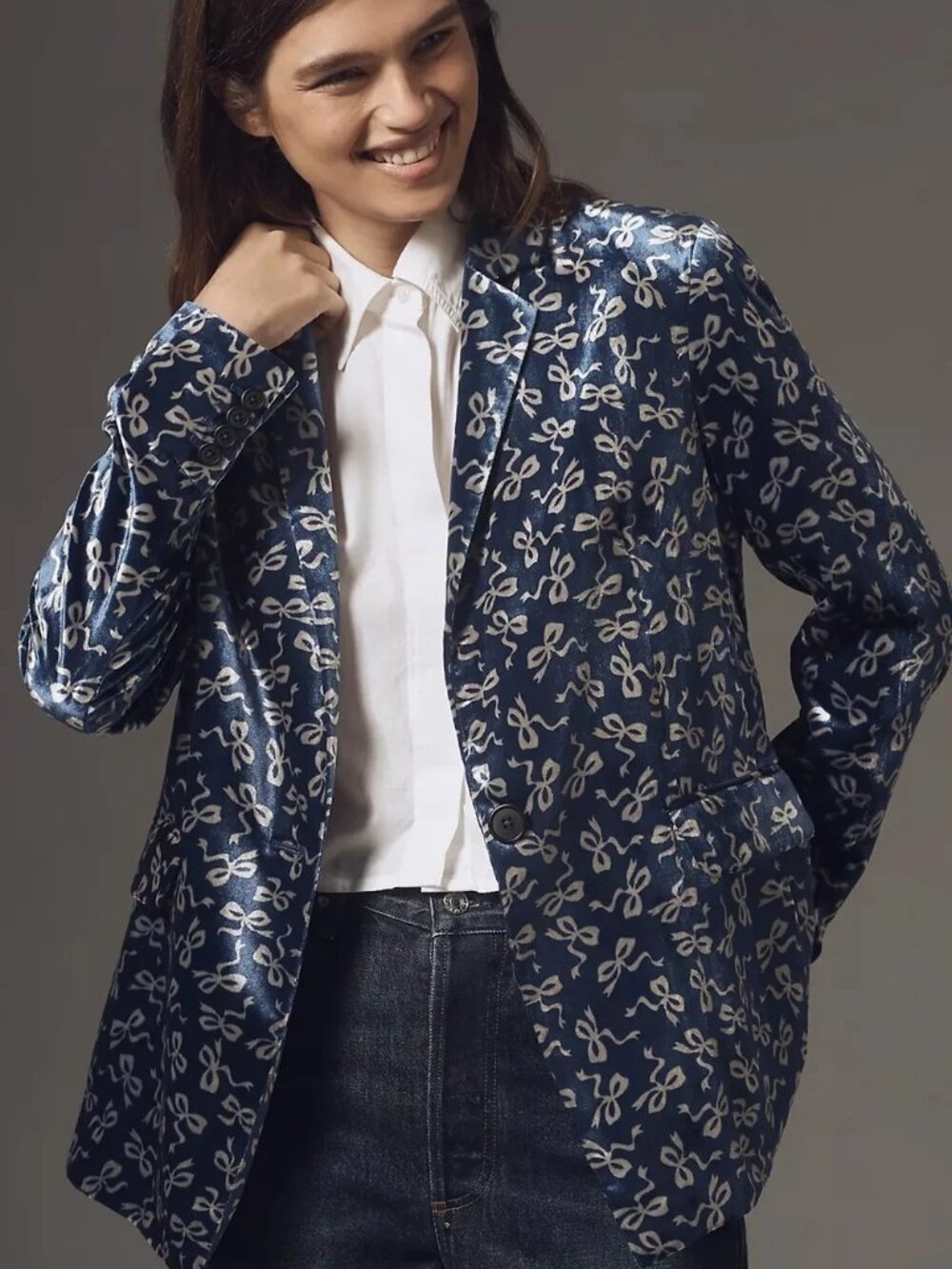 Anthropologie Tessie Blazer by Maeve: Velvet Edition, Blue Pattern, XXS